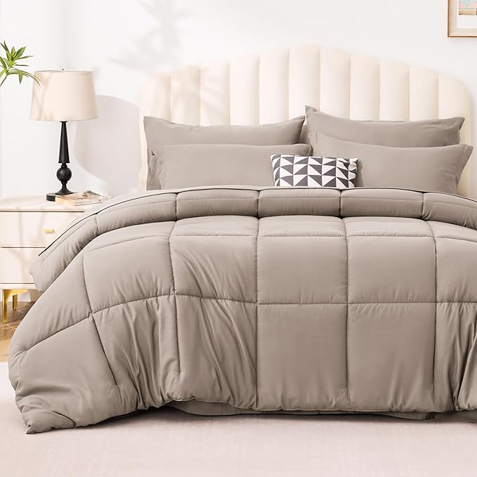 Love's cabin King Size Comforter Set Light Brown, 7 Pieces King Bed in a Bag, All Season Bedding Sets with 1 Comforter, 1 Flat Sheet, 1 Fitted Sheet, 2 Pillowcase and 2 Pillow Sham