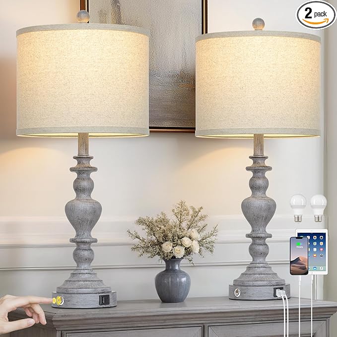 27" Tall Table Lamps for Living Room, 3-Way Dimmable Touch Control Farmhouse Vintage Table Lamps Set of 2 with USB C+A Ports and AC Outlets, Rustic Bedside Nightstand Lamp for Bedrooms Office Grey