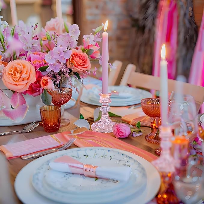 Glass Candlestick Holder,Striped Taper Candle Holders,Set of 6 Candle Stand for Table Centerpieces, Home Decor,Weddings,Festival and Parties (Pink Stripe Pattern)