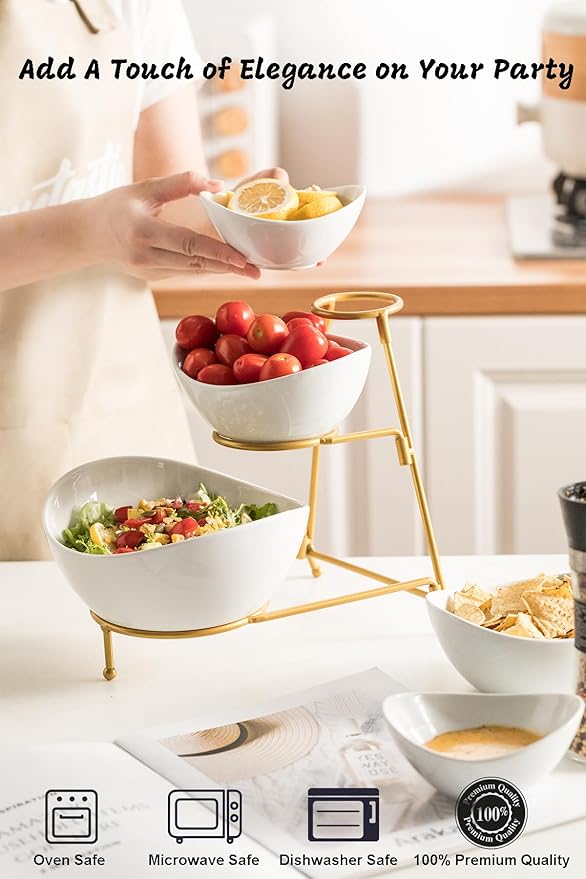 LAUCHUH 3 Tier Serving Stand Serving Dishes for Entertaining Porcelain Oval Bowl Set Tiered Serving Tray for Fruit, Vegetable, Nuts, Salad, Chip Dip Bowl Set for Thanksgiving, Christmas, Gold