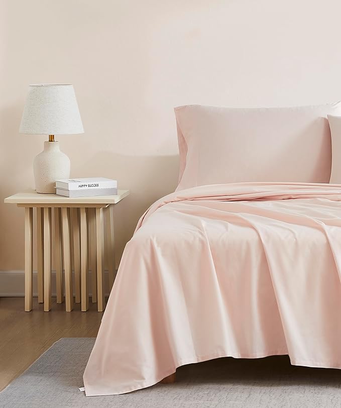 Linen Closet 100% Organic Cotton King Sheet 4 Pcs Set – Crisp Percale, Lightweight & Breathable– Light Pink Bed Sheets,Deep Pocket up to 18”– Naturally Cooling, Soft, Eco-Friendly,All Season Comfort