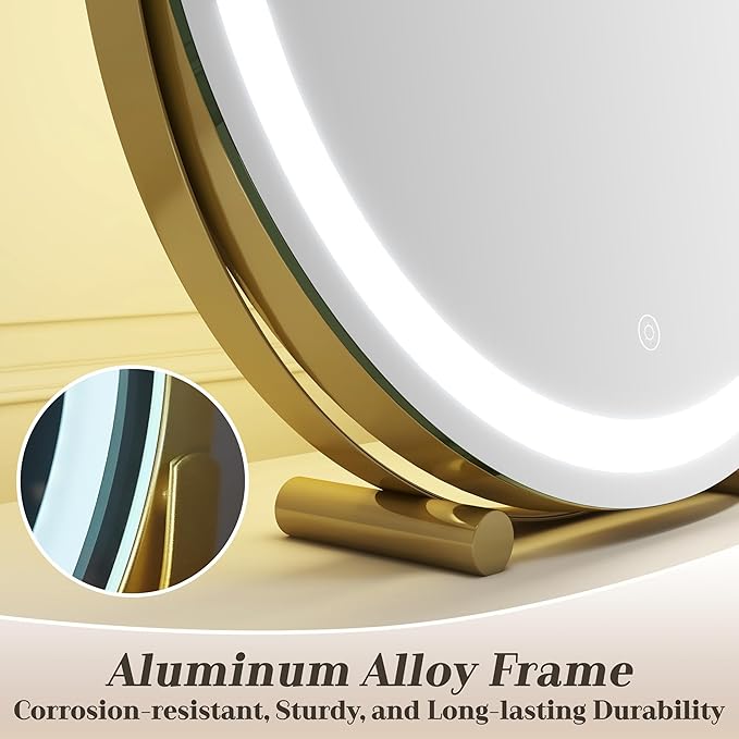 Gold Vanity Mirror, 18 Inch Lighted Makeup Mirror with Smart Touch 3 Colors Dimmable, Tabletop, 360 Rotation