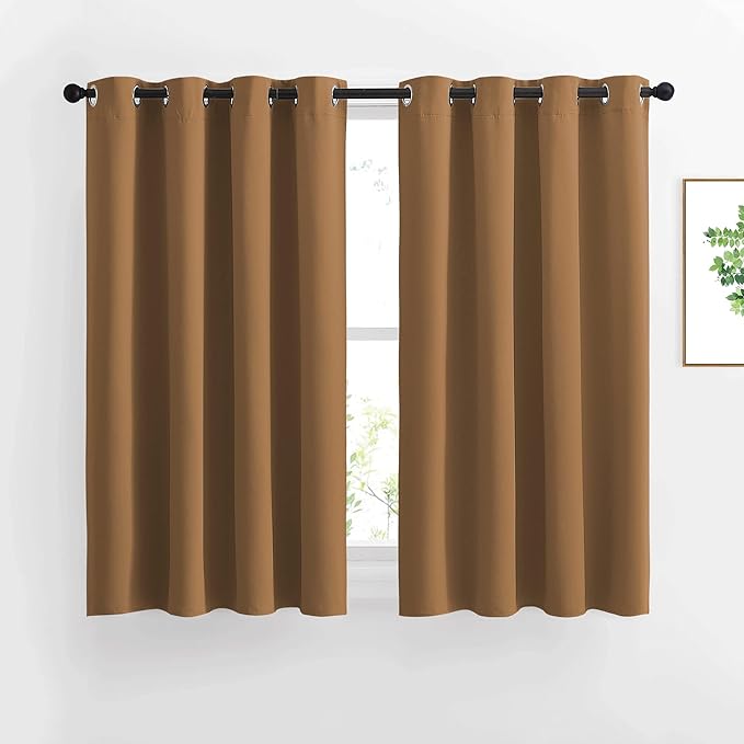 NICETOWN Kitchen Window Curtains Over Sink - Grommet Blackout Solid Vertical Small Curtains & Drapes Noise Reducing for Laundry, Gold Brown, W52 x L45, 2 Panels