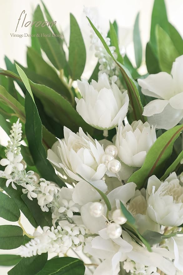 Floroom Artificial Greenery Stems Box Set, 76pcs with 6 Kinds of Faux Greenery Flowers Picks for DIY Bridal Bouquets Wedding Floral Arrangement Table Centerpieces, Green & White