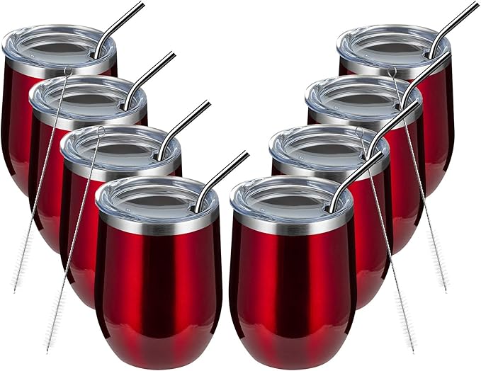 MEWAY 12oz/8 Pack Wine Tumbler Glasses with Lid - Stemless Double Wall Vacuum Stainless Steel Travel Tumbler - Keeping Cold & Hot for Wine,Coffee,Cocktails,Gifts (Burgundy,Set of 8)