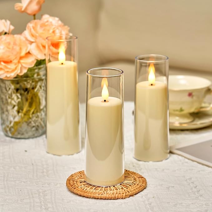 Amagic Ivory Flameless Candles with Remote, Battery Operated Candles with Timer, Acrylic Plexiglass Flickering LED Fake Candle for Wedding, Holiday, Home Decor, Set of 9, D2.2 x H5 6" 7"