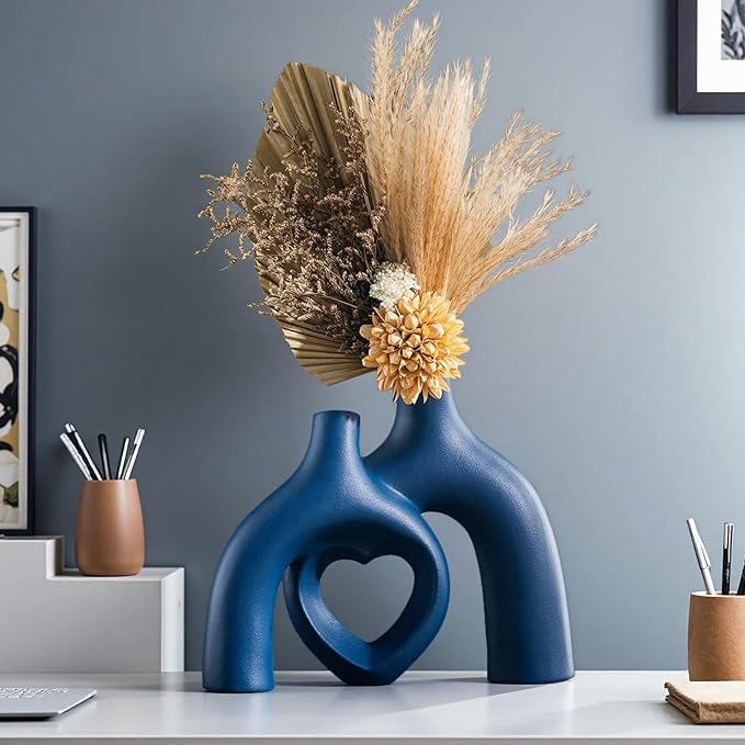 Snuggle Hollow Ceramic Decorative Vase, Modern Minimalist Nordic Boho Ins Style Vases for Home Decor Living Room Shelf Entryway Coffee Table or Console Décor (Matte Navy Blue)
