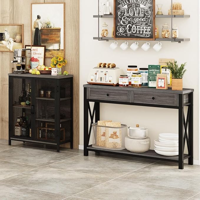 BON AUGURE Sofa Table with Drawers, Console Tables for Entryway, Sofa Table with Storage, Couch Tables for Living Room, Hallway, Foyer, Entry (Dark Grey Oak, 47 Inch)