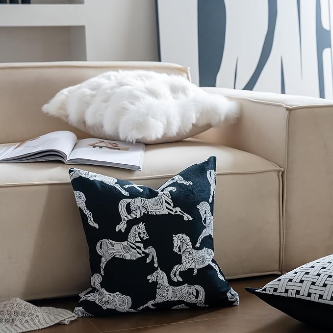 Premium Throw Pillow Covers 22x22 Inches - Black Palace White Horse Chenille Jacquard Embroidery Decorative Couch Pillow Covers for Living Room Bedroom Sofa Home Décor