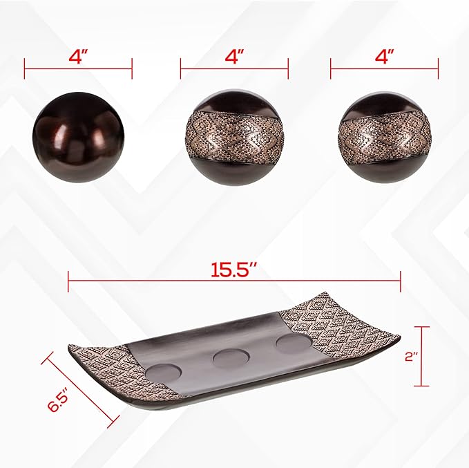 HomeRoots Tray and Orbs Balls | Centerpiece Table Decorations | Home Decor |Decorative Accents Balls for Living Room, Coffee, and Dining Table Decor |Set of 3 | Brown Decor