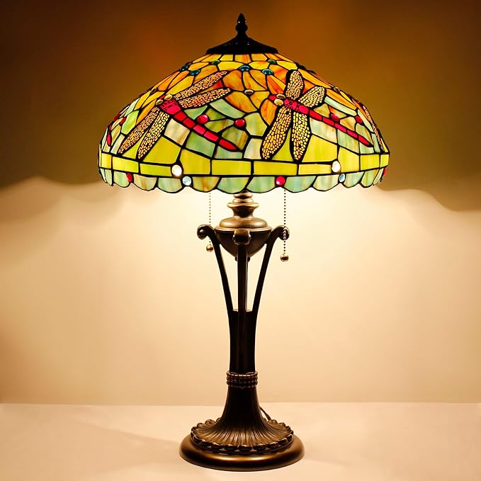 Tiffany Table Lamp Green Red Stained Glass Desk Lamp 16X16X24 Inches Dragonfly Style Reading Light