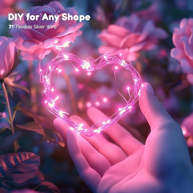Minetom 12 Pack Pink Fairy Lights Battery Operated String Light with Timer - 7ft 20 LED Waterproof Silver Wire Firefly Light for DIY Crafts Wedding Table Centerpieces, Pink