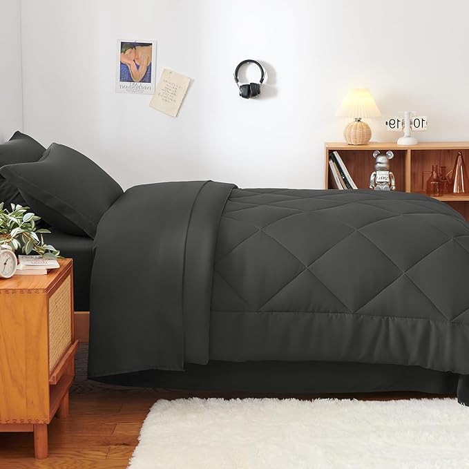 CozyLux Twin Comforter Set with Sheets Dark Grey - 5 Pieces Bed in a Bag Twin, All Season Bed Set for Girls and Boys, Bedding Set with Down Alternative Comforter, Sheets, Pillowcase & Sham