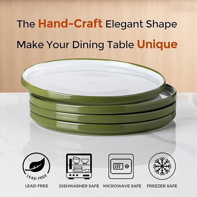 AmorArc Ceramic Dinner Plates Set of 6,10.5 inch Large Stoneware plates for Kitchen, Microwave&Dishwasher Safe,Scratch Resistant-Green