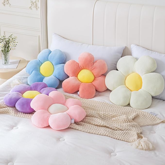 3Pcs Flower Pillow - Flower Shaped Throw Pillow Seating Cushion, Cute Daisy Flower Pillow Floor Pillows for Adults Kids Home Bedroom Sofa Chair Couch Decor (White/Green/Purple, 15.74 in)