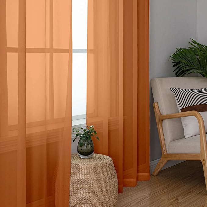 Aiyufeng Orange Sheer Curtains 72 Inch Length 2 Panels Set, Light Filtering Airy Rod Pocket Orange Window Curtain Treatment Drapes for Kitchen Bedroom Living, Each 42Wx72L Inches