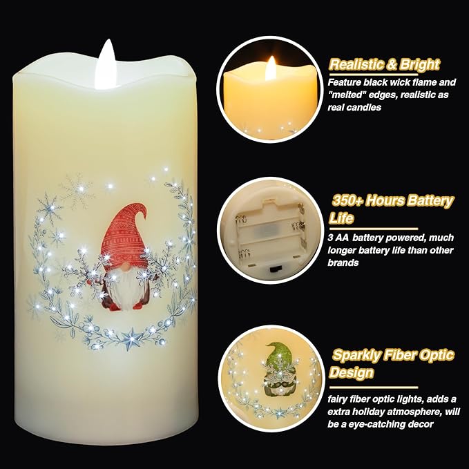Eywamage Gnomes Christmas Fiber Optic Flameless Candles with Remote, Snowflakes Flickering LED Battery Pillar Candles Set of 3