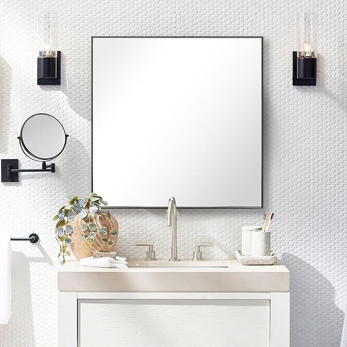 28x28 Inch Black Bathroom Mirror for Wall, Aluminum Frame Rectangle Rectangular Vanity Mirror, Modern Large for Bedroom, Living Room, Horizontal or Vertical