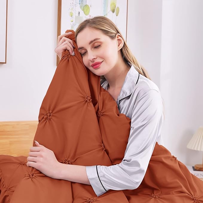 JOLLYVOGUE Burnt Orange Full Size Comforter Sets 7 Pieces, Pintuck Bed in a Bag Comforter Set for Bedroom, Bedding Comforter Sets with Comforter, Sheets,Ruffled Shams & Pillowcases