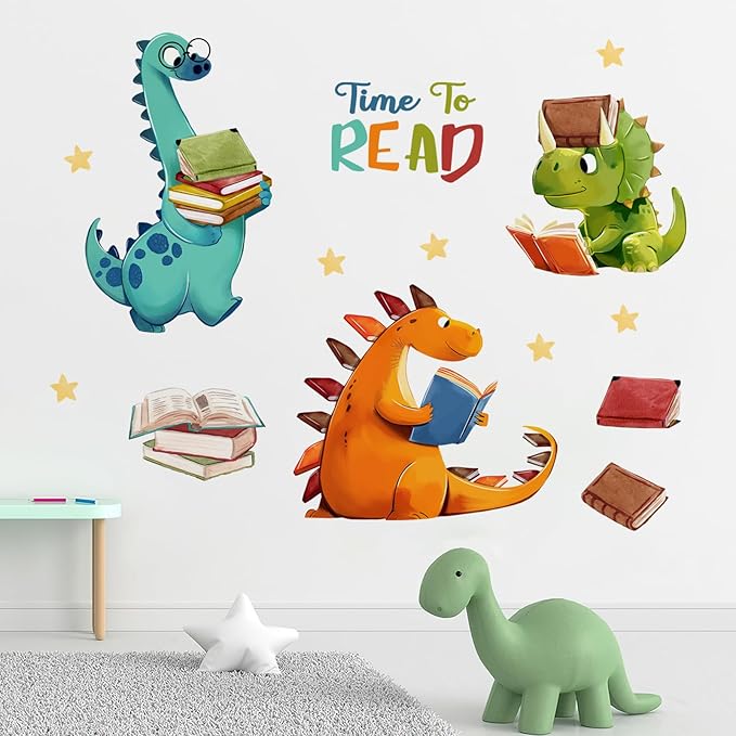 Yovkky Reading Dinosaur Wall Decals Stickers, Time to Read Dino Book Corner Baby Toddler Nursery Classroom Library Decor, Positive Quote Home Decorations Kids Bedroom Study Room Reading Nook Art
