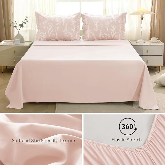 MUXHOMO Cameo Pink Cal King Comforter Set, Elegant Floral Print Bed in a Bag 7 Pieces, Ultra Soft & Breathable Reversible Botanical Pattern Bedding Set with Comforter, Sheets, Pillowcases, and Shams