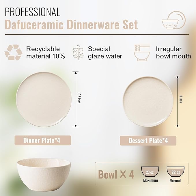 Plates and Bowls Sets,12 Pieces Beige Dinnerware Sets for Kitchen, Reactive Glaze Dishes Set for 4, Dishwasher and Microwave Safe, Series Starflecked Shore (Beige)