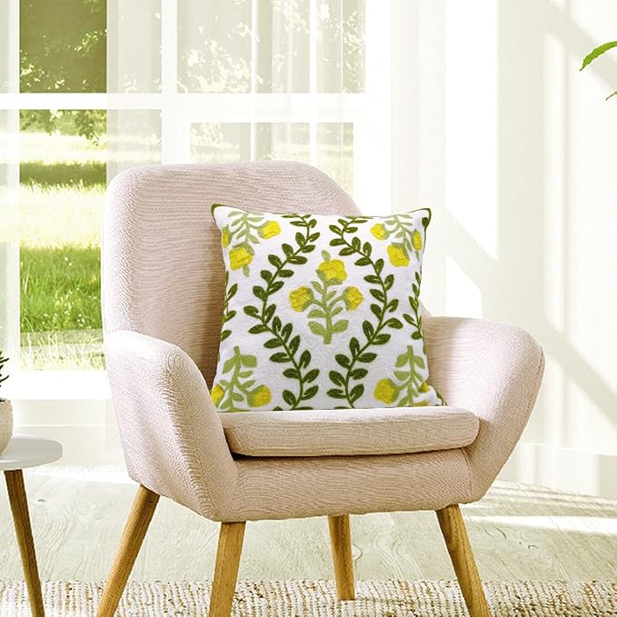 Alysheer Floral Embroidered Summer Decorative Throw Pillow Cover 18"x 18" Set of 2, Farmhouse Cottage Yellow Flower Green Leaves Patterned Cotton Cushion Case for Couch Bed Living Room Outdoor Decor