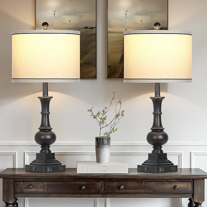 Farmhouse Lamps Set of 2, Antique Vintage Rustic Touch Control Table Lamps with USB A+C Ports & AC Outlet, Retro Classic Bedside Nightstand Lamp for Living Room Bedroom Office Black