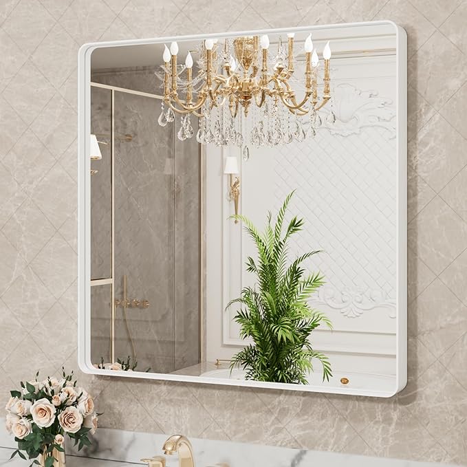 LOAAO 30x30 Inch White Metal Framed Bathroom Mirror for Wall, White Bathroom Vanity Mirror Farmhouse, Large Rounded Rectangle Mirror, Anti-Rust, Hangs Horizontally or Vertically