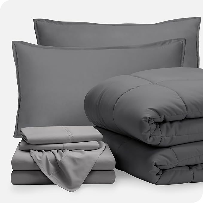 Bare Home Bed-in-A-Bag 7 Piece Comforter & Sheet Set - California King - Goose Down Alternative - Ultra-Soft 1800 Premium Bed Set (Cal King, Grey/Light Grey)