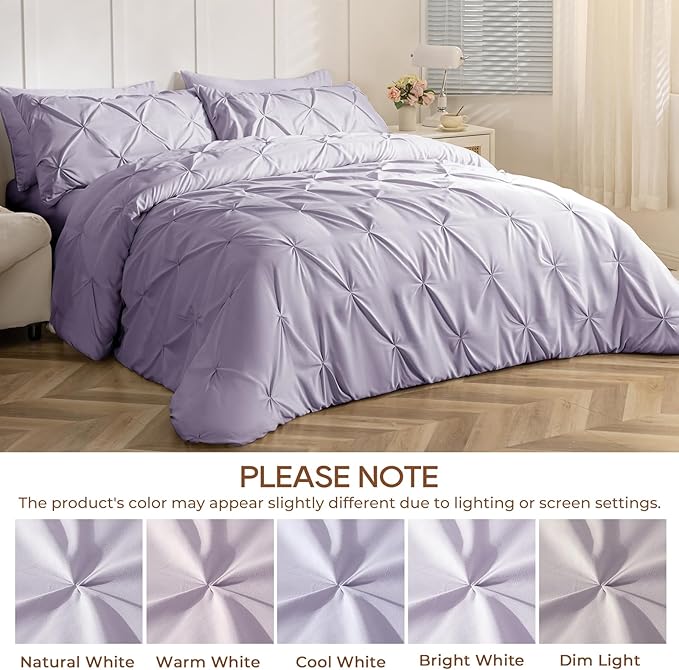 Sasttie Twin XL Comforter Set, 5-Piece Bed in a Bag, Pintuck Bedding Sets for All Season, Includes Comforter, Flat Sheet, Fitted Sheet, Pillowcase and Pillowsham, Lavender