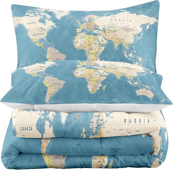 Tailor Shop Multicolored World Map Comforter Set for Boys Girls Geography Blue Ocean Asia Europe Africa America Map World Map Bedding Sets Full Size 3 Pieces with 1 Comforter 2 Pillowcases,06………