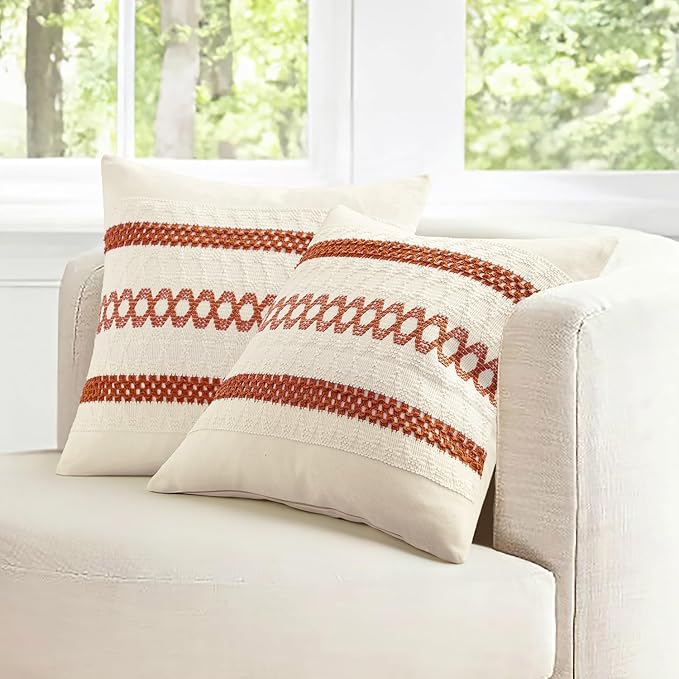 MIULEE Set of 2 Burnt Orange Fall Decorative Pillow Covers 18x18 Inch Farmhouse Rustic Boho Couch Throw Pillows Modern Cotton Cushion Covers Retro Cute Macrame Woven Home Decor for Bed Sofa Chair