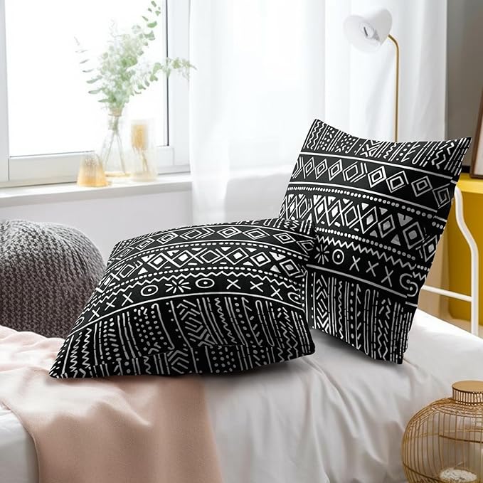 Black Tribal Throw Pillow Covers - Boho Aztec Pillow Covers 18x18 Stripe Ethnic Pillow Cases Set of 2 African Cushion Covers for Chair Couch Home Outdoor