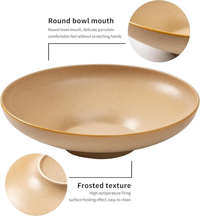 Ceramic Serving Bowls with Wooden Spoons Set of 2, Large Serving Bowl for Dinner Salad Soup Pasta Dessert Fish Fruit Chicken Bread, Oven Dishwasher Safe, 50oz Bowl for Entertaining, 9.75" Khaki
