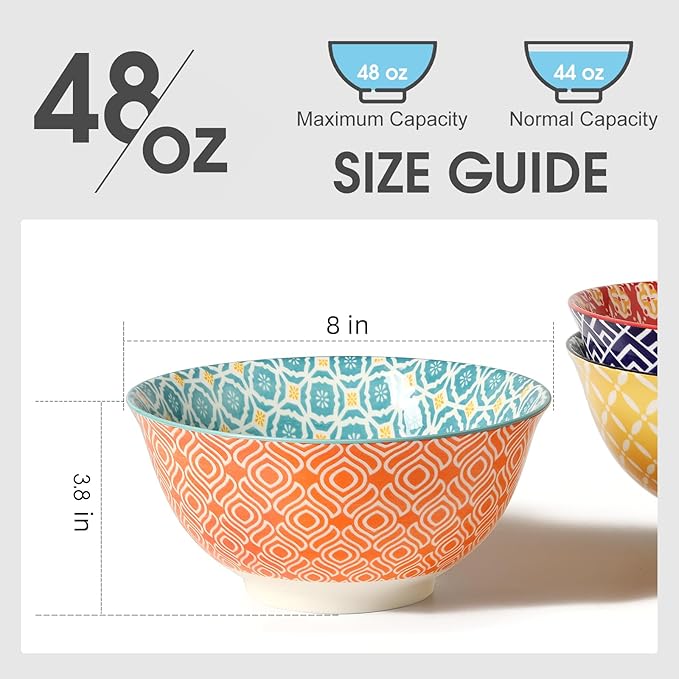 Large Salad Bowls, 48 Oz Serving Bowls for Soup, Pho, Pasta Rarmen, Stackable Ceramic Bowls for Kitchen, Set of 3, Microwave & Dishwasher Safe