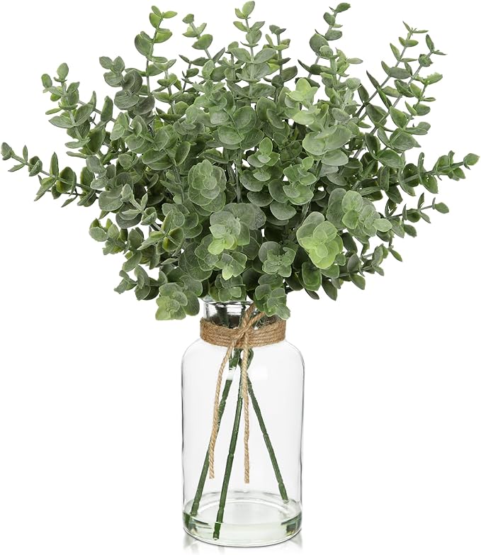 Briful Artificial Eucalyptus Stems in Clear Glass Vase with Faux Water, 14" Fake Plant Eucalyptus Leaves for Home Farmhouse Wedding Bathrooom Decor
