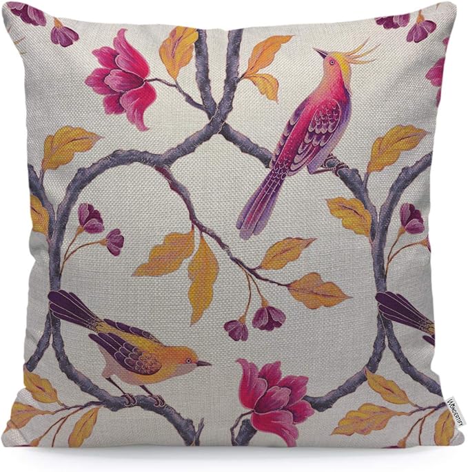 WONDERTIFY Throw Pillow Case Cover Chinoiserie Birds and Flowers Romantic Floral - Soft Linen Pillow Case for Decorative Bedroom/Livingroom/Sofa/Farm House - Couch Pillow Cushion Covers 18x18 Inch