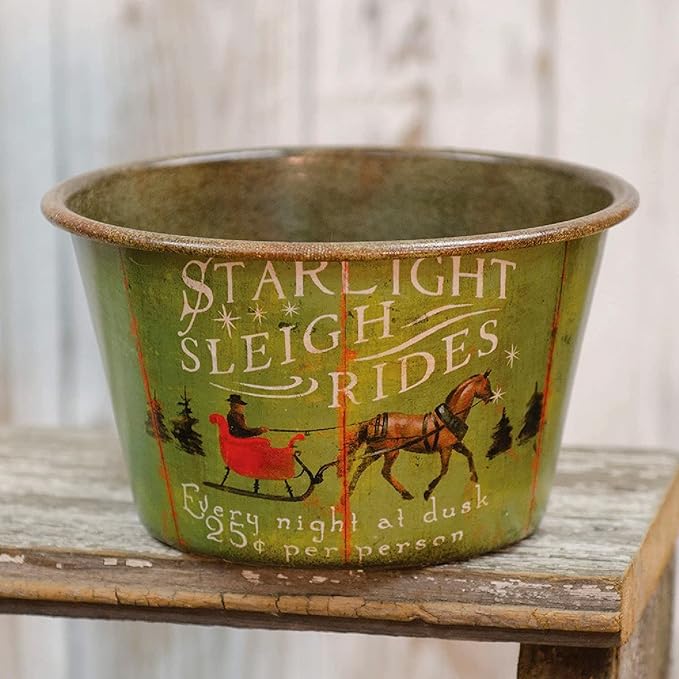 CWI Gifts Starlight Sleigh Rides Vintage Tin Bowl - 6.5" W x 4" H - Country Farmhouse Decor - Decorative Bowl - Key Bowl