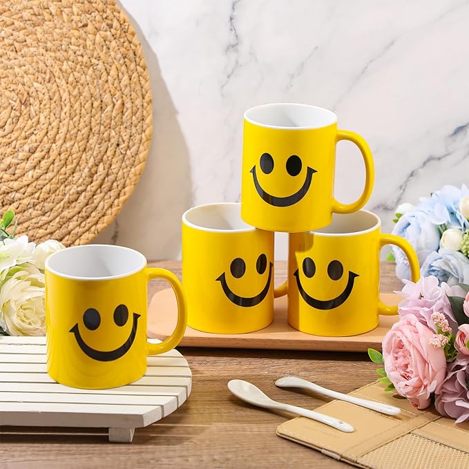 Hushee 8 Pcs Smile Face Coffee Mugs Bulk 11 oz Ceramic Happy Face Cup Yellow Coffee Mug Birthday Party Gifts Funny Supplies