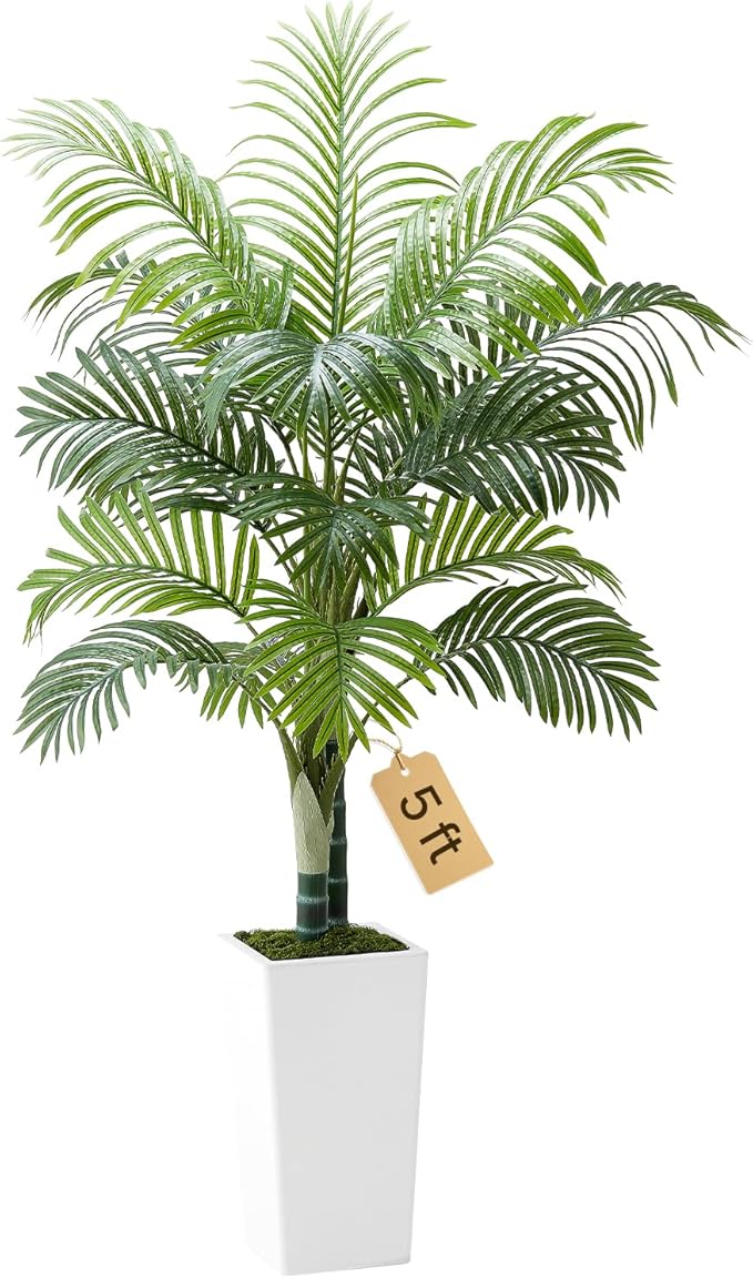 VEVOR Artificial Areca Palm Tree 5 ft, Fake Palm Tropical Plants with White Tall Planter, Faux Floor Silk Plant in Pot, Large Trees for Home Office Living Room Decor House Warming, Indoor Outdoor