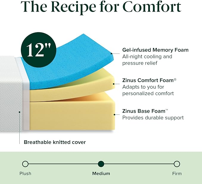 ZINUS 12 Inch Green Tea Cooling Memory Foam Mattress [New Version], Queen, Fiberglass Free, Medium Firmness, Cooling Gel Foam, Certified Safe Foams & Fabric, Mattress in A Box