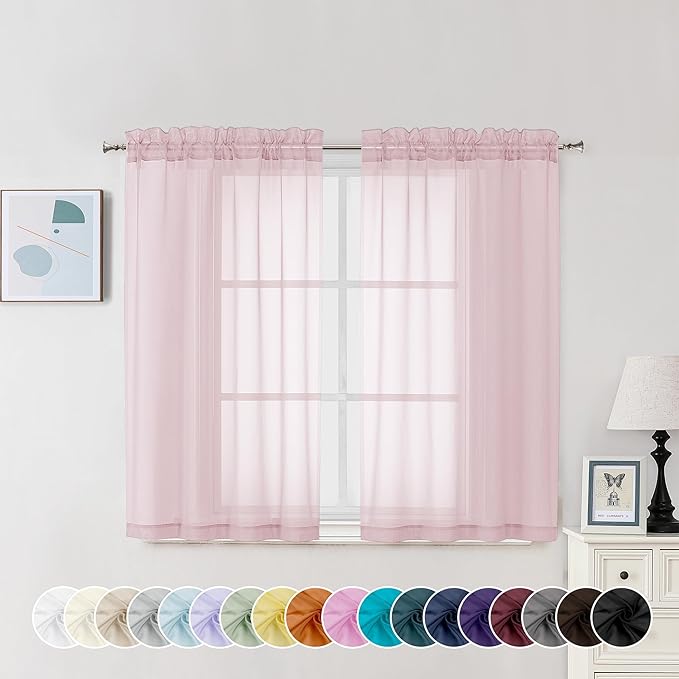 Chyhomenyc Sheer Curtains 45 Inch Long 2 Panels, Short Voile Drapes for Dinning Small Windows Bathroom Living Room Bedroom, Rod Pocket, 42Wx45L Inches, 2PCS, Blush Pink