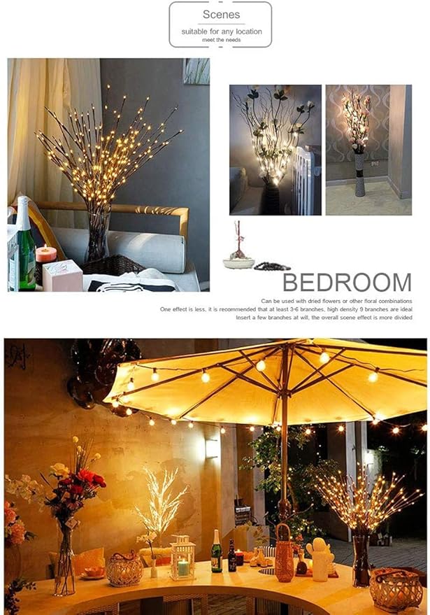 DK177 4 Pack Led Branch Light Battery Operated Lighted Branch Vase Filler Willow Tree Artificial Little Twig Power Brown 30 Inch 20 LED for Home Romantic Decoration, Warm White