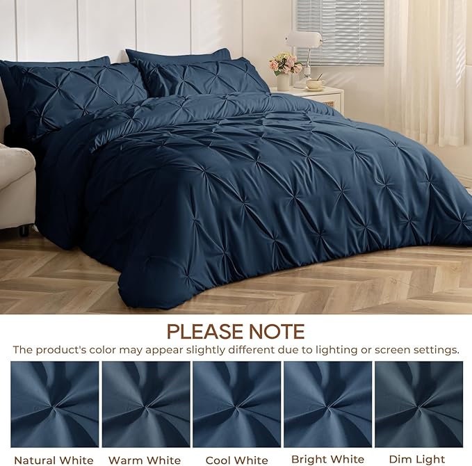 Sasttie Twin Comforter Set, 5-Piece Bed in a Bag, Pintuck Bedding Sets for All Season, Includes Comforter, Flat Sheet, Fitted Sheet, Pillowcase and Pillowsham, Navy