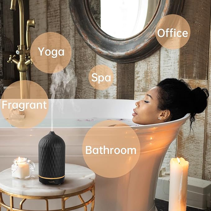Wanlola Essential Oil Diffuser with Diamond Pattern,120ML Aromatherapy Ceramic Diffusers with Auto Off Function & Warm Light for Home,Decor,Black