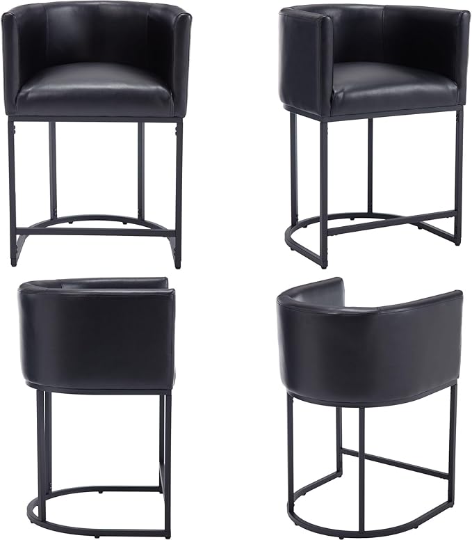 Modern Counter Height PU Leather Upholstered Bar Stools Set of 3, 24" Kitchen Counter Island Stools Bar Chairs with Black Metal Frame, Black