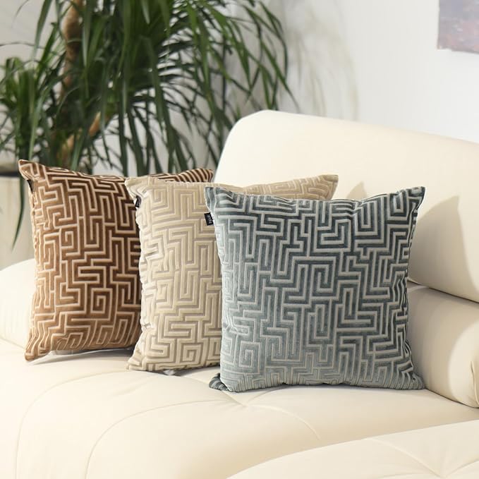 HPUK Geo Cut Velvet Throw Pillow Covers Pack of 2, 18x18 Inch Accent Cushion Covers for Living Room, Bedroom, Decorative Pillow Covers for Couch, Sofa, Chair, Brown