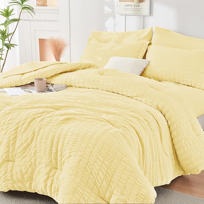 HYMOKEGE Yellow Full Size Comforter Sets Seersucker 7 Pieces, All Season Luxury Bed in a Bag for Bedroom, Bedding Set with Comforter, Sheets, Pillowcases & Shams