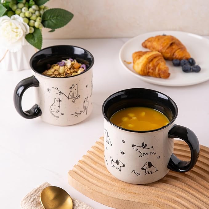 AmorArc 22 OZ Large Ceramic Coffee Mugs Set of 2, Oversized Mugs With Big Handle for Men Women Dad Mom, Big Mug With Textured Dogs Cats Patterns for Office & Home -Microwave Safe, 2 Pcs-Black